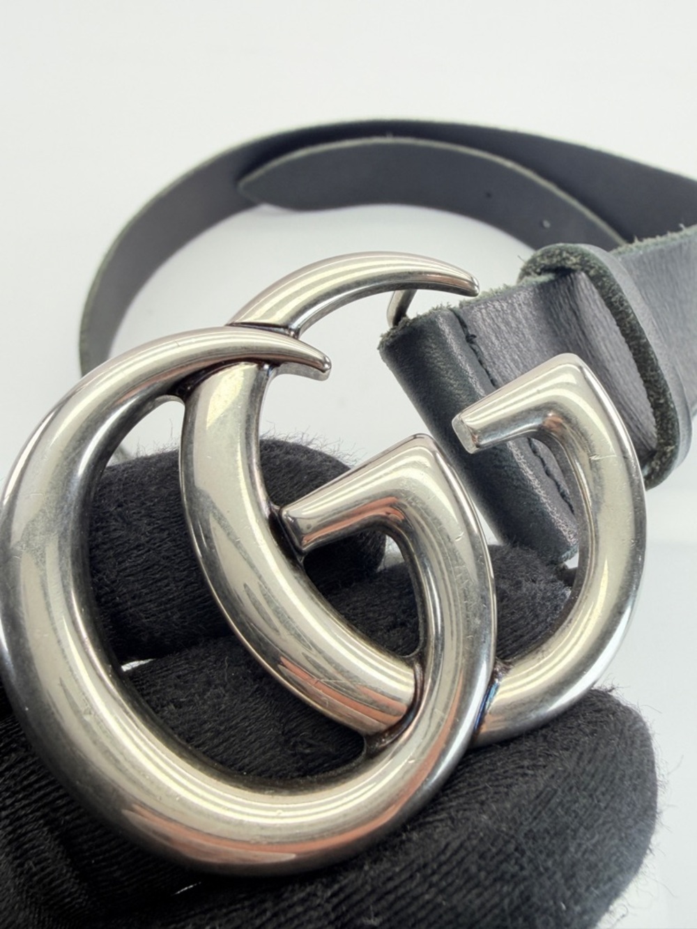 Authentic Gucci Black Raw Edge Leather Marmont Belt Silver Buckle 414516 85/34 - Picture 11 of 12